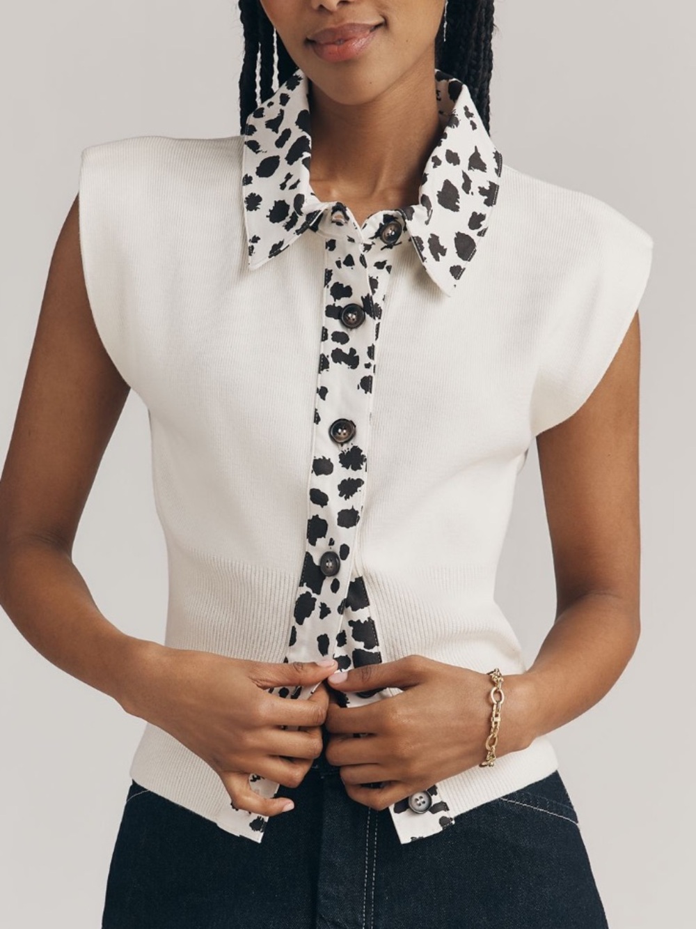 🟤NWT MAEVE/ANTHROPOLOGIE Collared Denim Muscle Sweater Vest White/Cow Print XS